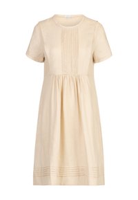 Beige lněné šaty s krátkými rukávy, s plisovaným předním dílem a nabíraným pasem. Spodní lem obsahuje horizontální švy.