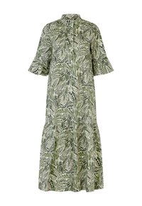 Vihreä kukkakuosis maxi-mekko, jossa on korkea kaulus, lyhyet kellohihat ja kerroksellinen muotoilu, valmistettu kevyestä kankaasta.