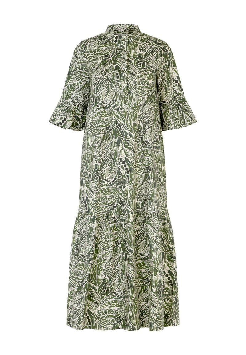 Vihreä kukkakuosis maxi-mekko, jossa on korkea kaulus, lyhyet kellohihat ja kerroksellinen muotoilu, valmistettu kevyestä kankaasta.