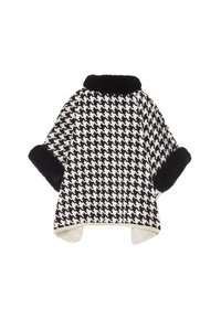 Svart och vit houndstooth poncho med svarta fuskpälsdetaljer, med hög krage och överdimensionerade ärmar, kantad med en diskret dekorativ trim.