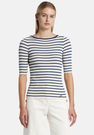 Striped knit top featuring white and navy horizontal lines, short sleeves, a boat neckline, and gold button accents at the hem.