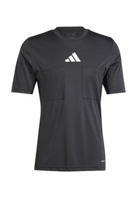 Black athletic t-shirt made of lightweight fabric, featuring short sleeves, two front pockets, and a white logo in the center.