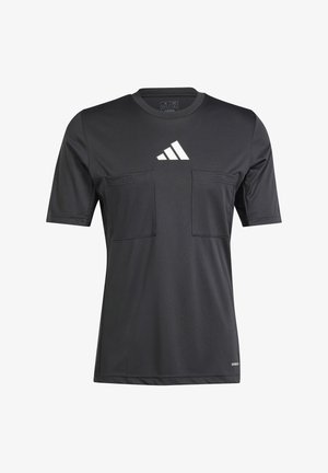 Czarny sportowy t-shirt wykonany z lekkiego materiału, z krótkimi rękawami, dwoma przednimi kieszeniami i białym logo na środku.
