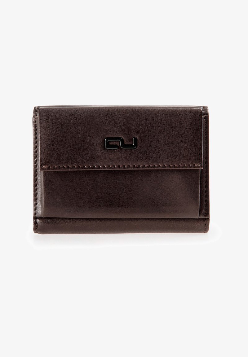 Brown leather wallet with a smooth texture, featuring a front flap, stitching details, and a black logo on the front.