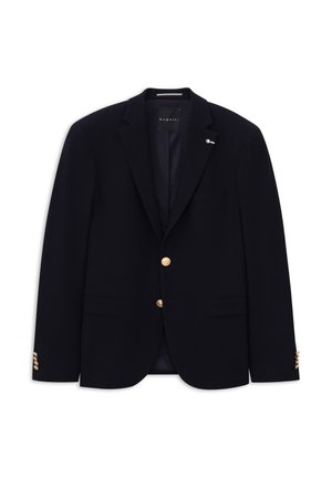 Black blazer with gold buttons on front and cuffs, notch lapel, and two front flap pockets, displayed on white background.