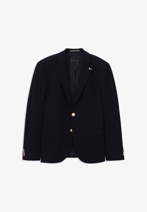 Schwarzer Blazer mit goldenen Knöpfen an Vorderseite und Manschetten, mit Reverskragen und zwei aufgesetzten Taschen vorne, vor weißem Hintergrund dargestellt.
