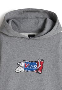 Šedá bavlněná mikina s kapucí s grafikou stlačené tuby a texty "Vans" a "SO FRESH", ilustrovaná modrou, červenou a bílou barvou.