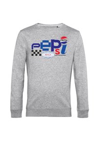 Šedá mikina s kulatým výstřihem, která se pyšní různobarevnými logy, včetně "Pepsi" a globu, a s kostkovanými detaily na přední straně.