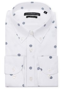 Biała koszula z guzikami, z granatowym haftem w śnieżynki, slim fit, z okrągłym kołnierzykiem i podwójnymi mankietami.  \n标签: LANCERTO, M.