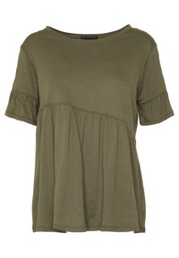 Olivově zelený krátký rukáv s kulatým výstřihem, nabíranými rukávy a volným, vrstveným designem. Měkká, lehká tkanina s jemnou texturou.