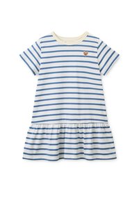 Ριγέ φόρεμα σε μπλε και λευκό, με κοντά μανίκια, στρογγυλή λαιμόκοψη με κρεμ τρέσα και φούστα με φουσκωτή γραμμή και σούρα στο τελείωμα. Σήμα σε σχήμα καρδιάς στο στήθος.