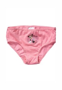 Różowe bawełniane majtki z nadrukiem Myszki Miki z kokardką i gwiazdkami, wykończone elastycznym pasem i wejściami na nogi.