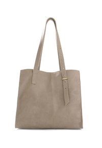 Borsa a tote in pelle beige con due manici lunghi, caratterizzata da una texture liscia e un design minimalista. Chiusura con un accento color oro.