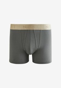 Szürke pamut boxer alsónadrág bézs elasztikus derékkal, a "NEXT" márkanevével, amely ismétlődő mintában van gravírozva.