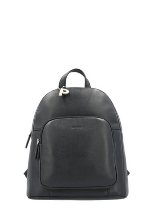 Black leather backpack with front zip pocket and silver zipper pull shaped like the letter P, shown against a white background.