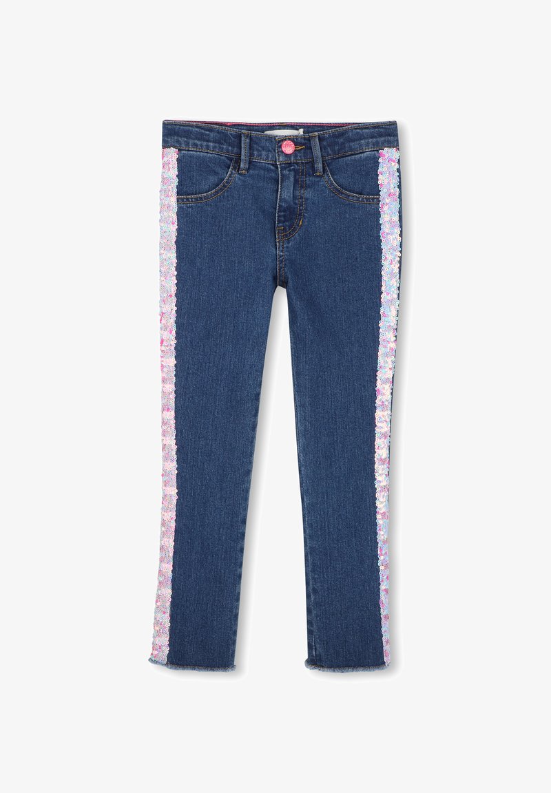 Μπλε τζιν από denim με ροζ και λευκές παγιέτες κατά μήκος των εξωτερικών πλευρών κάθε ποδιού και ροζ κουμπί στη μέση.
