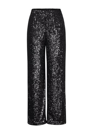Black wide-leg pants covered in sequins, featuring an elastic waistband and a shimmering, textured surface for a striking appearance.