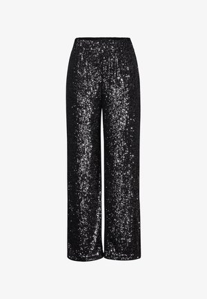 Svarta vida byxor täckta med paljetter, med ett elastiskt midjeband och en glittrande, texturerad yta för ett slående utseende.