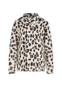 Leopardmuster-Pullover in Creme mit Rollkragen, langen Ärmeln, weichem Material und kontrastierenden schwarzen und braunen Flecken.