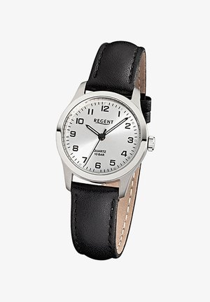 Runder silberner Edelstahlarmbanduhr mit weißem Zifferblatt, schwarzen Ziffern, schwarzem Lederarmband und Quarzwerk. Wasserdicht bis zu 10 bar.