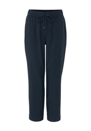 Pantalon de jogging bleu marine avec une taille élastique et un cordon de serrage ajustable. Texture lisse avec une jambe fuselée se terminant au-dessus de la cheville.