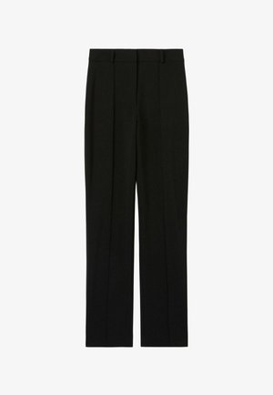 Pantalon noir ajusté avec une coupe droite, présentant deux plis avant et une texture lisse. Pas de motifs ni de matériel visible.