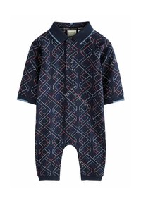 Marine romper met korte mouwen, een kraag en een geometrisch patroon in rood en blauw. Gemaakt van zachte stof met drukknoopsluiting aan de onderzijde.