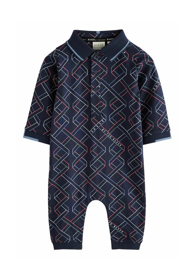 Marine romper met korte mouwen, een kraag en een geometrisch patroon in rood en blauw. Gemaakt van zachte stof met drukknoopsluiting aan de onderzijde.