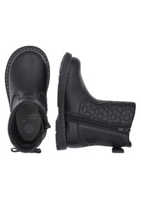 Botas de cuero negras hasta el tobillo con diseño texturizado, cremallera lateral y punta redondeada. Presentan una suela de goma duradera con detalles de costura.