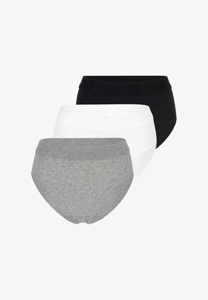 Tre paia di slip senza cuciture a vita alta nei colori grigio, bianco e nero, impilati con il grigio davanti su uno sfondo bianco.