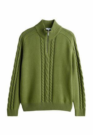Vihreä neulottu paita korkealla kauluksella, jossa on puolivetoketju, palmikkoneulekuvio edessä sekä resorit hihansuissa ja helmassa.