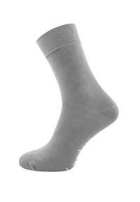 Calzino grigio in cotone con un bordo a coste, texture liscia e punta rinforzata; presenta un logo bianco discreto lungo il fondo.