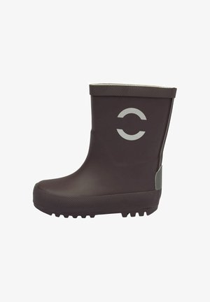 Pruun kummist vihmavalu, millel on tekstureeritud talla, ümmargune hall logo detail külgedel ja kontrastne heledat värvi ülemine serv.