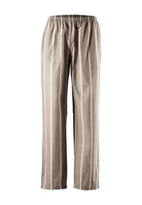 Hellbraune, lässige Hose mit weißen vertikalen Streifen, elastischem Bund und seitlichen Taschen. Aus weichem Baumwollstoff hergestellt.