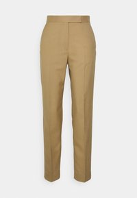 Spodnie w beżowym kolorze, wykonane z gładkiego materiału. Charakteryzują się prostym krojem, subtelnymi fałdami i pewnym pasem taliowym.