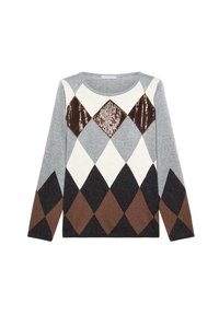 Suéter en tonos gris, crema y marrón con un patrón de rombos y detalles de lentejuelas, cuello redondo y mangas largas. Textura suave.