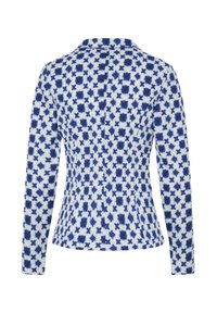 Chemise à manches longues blanche avec des motifs géométriques en forme d'étoiles bleues, dotée d'un col, d'une coupe cintrée et d'un détail de bouton à l'arrière.