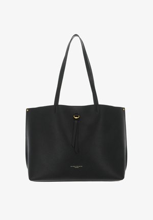 Borsa a tracolla in pelle nera con forma strutturata, doppie spalline, dettagli in metallo dorato e superficie leggermente texture. Logo visibile alla base.