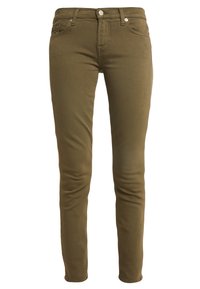 Jeans ajustados verde oliva hechos de denim, que presentan un clásico diseño de cinco bolsillos, cierre frontal con cremallera y botón metálico.