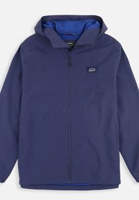 Veste bleu marine avec fermeture éclair à l'avant, capuche ajustable et poignets élastiques. Doublée en tissu en maille bleue. Présente le logo Oxbow sur la poitrine.