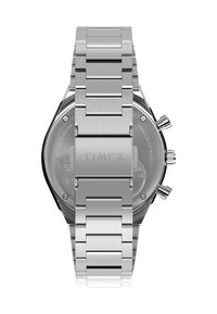 Orologio in acciaio inox argentato con bracciale lucido, cassa rotonda e pulsanti cronografici. Nome del marchio inciso sul retro. Impermeabile.