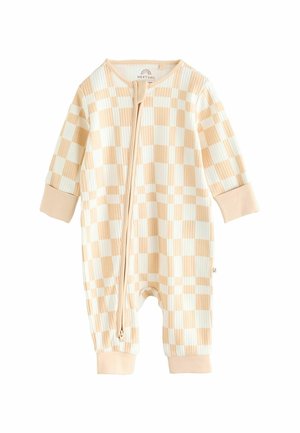 Blassgelbes und cremefarbenes kariertes Baby-Overall mit einem Front-Reißverschluss und langen Ärmeln, ausgestattet mit weichem Rippgewebe und elastischen Bündchen.