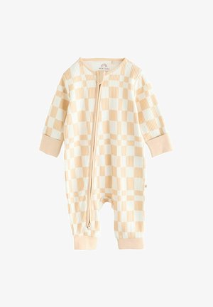 Vauvan vaaleankeltainen ja kerma valkoinen ruudullinen body, jossa on edessä vetoketju ja pitkät hihat. Bodyssa on pehmeää ribbikangasta ja joustavat hihansuut.