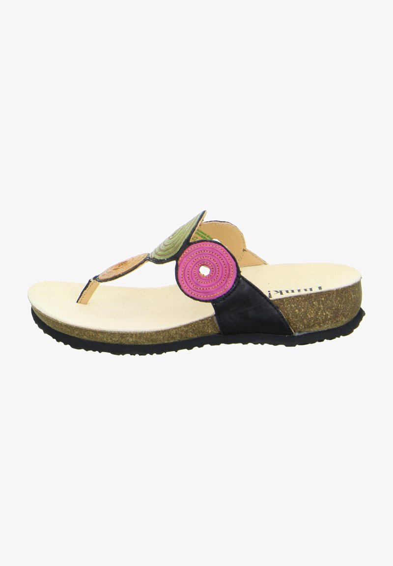 Thong-style sandal with a black strap, cork sole, and colorful circular accents in pink, green, and orange, featuring a flat design.