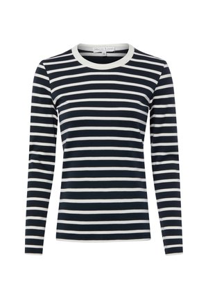 Schwarz-weiß gestreiftes Langarmshirt mit rundem weißen Kragen, dargestellt auf weißem Hintergrund.