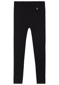 Svarta ribbade leggings med en elastisk midja. Har en liten logotagg nära toppen. Slät textur med avsmalnande ben.