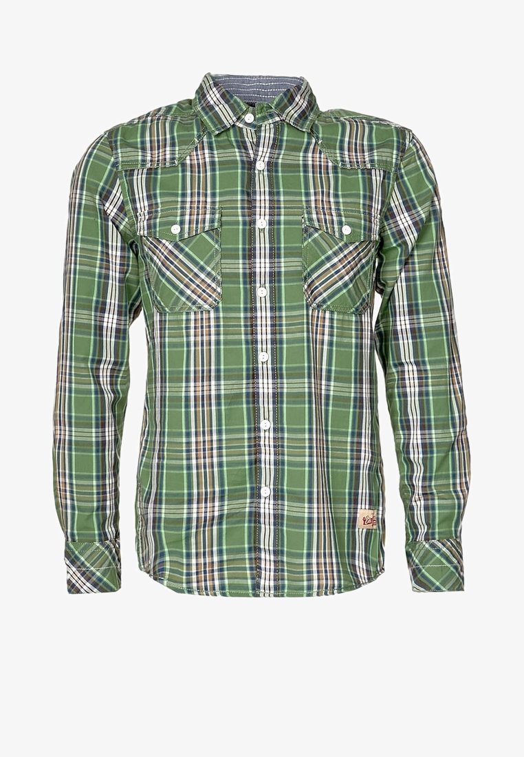 Chemise à manches longues à carreaux verts avec fermeture par boutons sur le devant, deux poches poitrine à rabats boutonnés et une petite étiquette en tissu près de l'ourlet.