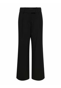 Pantalon noir à jambes larges, fabriqué dans un tissu lisse. Présente une taille ajustée et des plis avant pour un style supplémentaire.