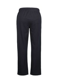 Pantaloni neri con cintura elasticizzata e design a gamba dritta, dotati di una tasca posteriore singola. Realizzati in tessuto morbido e liscio.