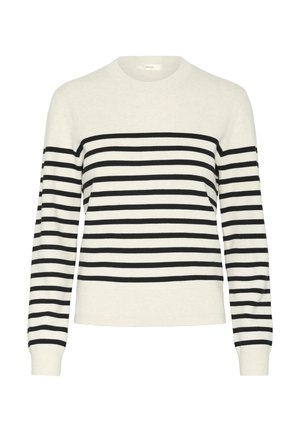 Krém színű, fekete vízszintes csíkos kötött pulóver. Kerek nyakkivágással és bordás mandzsettákkal, valamint aljjal rendelkezik. Simább textúra, laza dizájn.